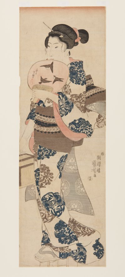 Nainen tuulettimen ja hyönteishäkin kanssa (värillinen puupalikkaprintti) tekijältä Utagawa Kuniyoshi