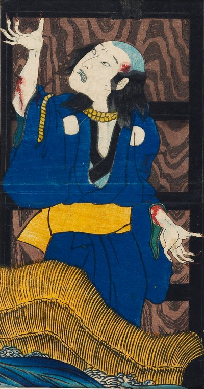 Woodblock print - kohtaus näytelmästä Yotsu-ya kaidan Oiwan ja Tamiya Iemonin tarina tekijältä Utagawa Kuniyoshi