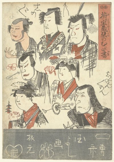 Seitsemän näyttelijän muotokuvaa Kirjoituksia tavaratalon seinälle (sarjan nimi) Nitakaragura kabe no mudagaki (sarjan nimi esineessä) tekijältä Utagawa Kuniyoshi