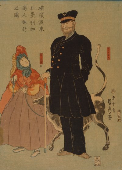 Amerikkalainen kauppias kävelyllä Yokohamassa, 1861 tekijältä Utagawa Sadahide