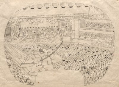 Suunnittelu Kabuki-teatterin viuhkamaiseen printtiin tekijältä Utagawa Sadahide