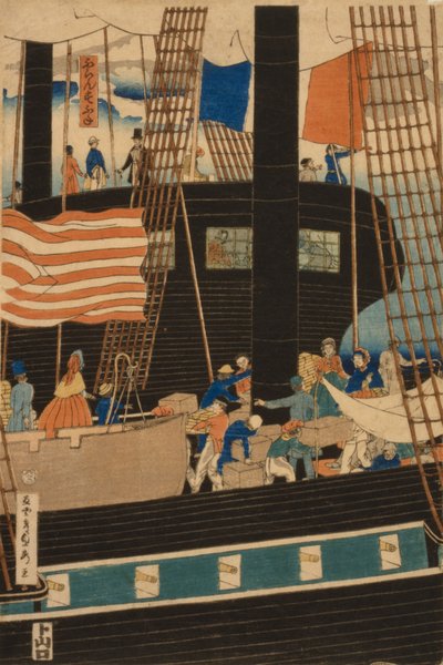 Länsikauppiaat lastaamassa rahtia Yokohamassa, 1861 tekijältä Utagawa Sadahide
