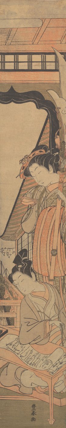 Kauneus katselee alas nuorta miestä, joka lukee rakkauskirjettä, n. 1771. tekijältä Utagawa Toyoharu
