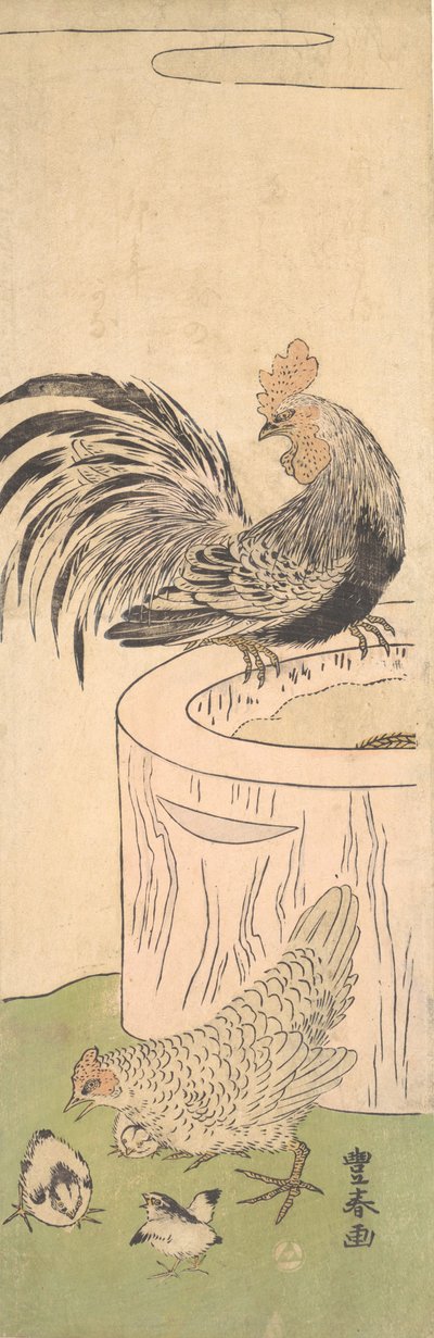 Kukko, kana ja poikaset, n. 1770. tekijältä Utagawa Toyoharu