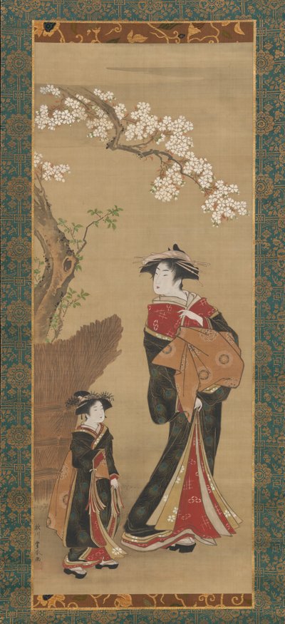 Kurtisaani ja hänen avustajansa kirsikkapuun alla, 1800-luvun alku. tekijältä Utagawa Toyoharu