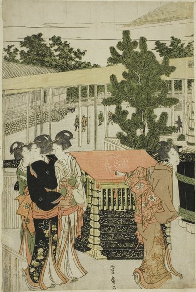 Uudenvuoden pyhiinvaellus Myohoji-temppeliin Horinouchissa (Horinouchi Myohoji eho mairi no zu) tekijältä Utagawa Toyohiro