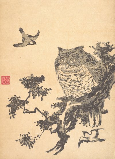 Pöllö ja kaksi pääskystä. tekijältä Utagawa Toyohiro