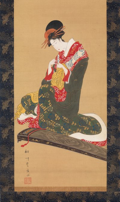 Nainen laittelee sormiplektrumeja pelatakseen Kotoa, 1800-luvun alku. tekijältä Utagawa Toyohiro