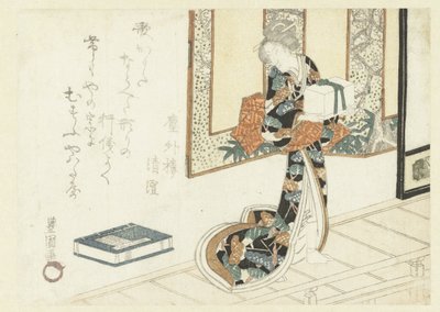 Nainen kantaa puista laatikkoa tekijältä Utagawa Toyokuni (I)
