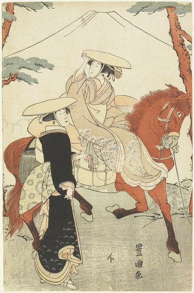 (Kaksi naista, yksi kävely, yksi hevosen selässä), 1700-luvun loppu - 1800-luvun alku tekijältä Utagawa Toyokuni