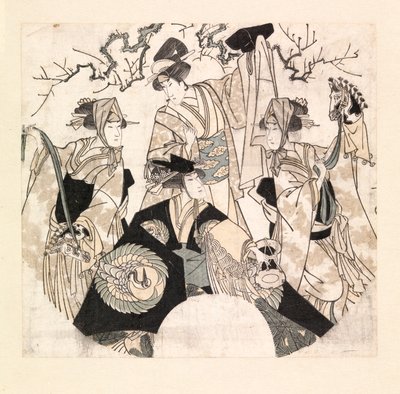Näyttelijät esittävät neljän Onnagatan lavatanssia, n. 1800-05 (värillinen puupiirros) tekijältä Utagawa Toyokuni