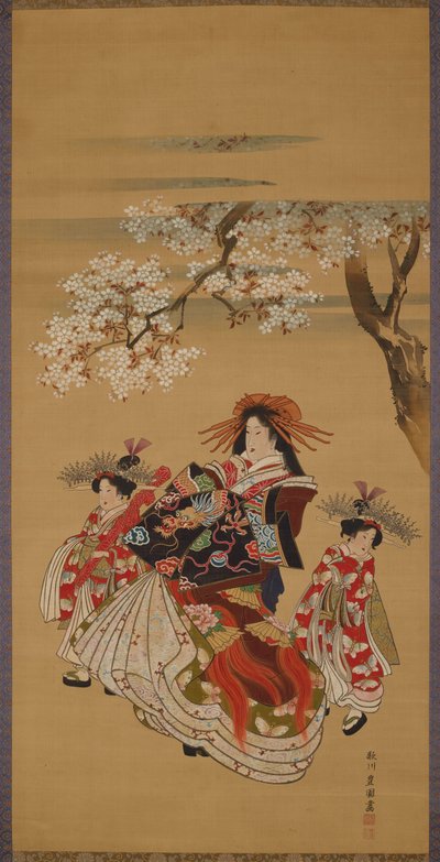 Kurtisaani ja kaksi kamuroa kirsikankukkien alla tekijältä Utagawa Toyokuni