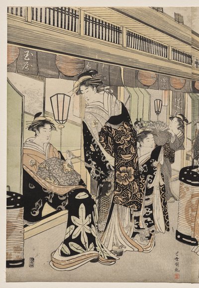 Kurtisaanit kävelyllä Nakanochōlla tekijältä Utagawa Toyokuni