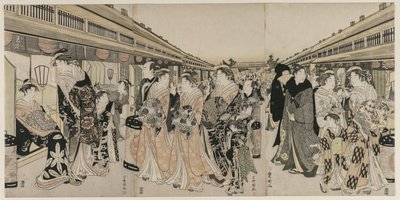 Kurtisaanit kävelyllä Nakanochōlla tekijältä Utagawa Toyokuni