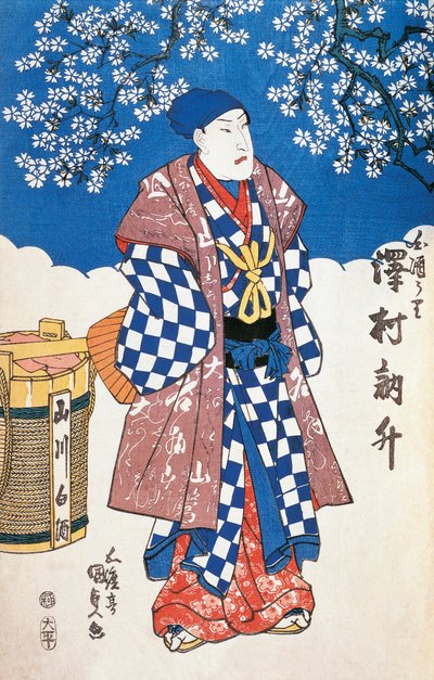 Japanilainen näyttelijä kimonossa ja omenakukilla koristeltu tausta, Utagawa Toyokuni, puupiirros tekijältä Utagawa Toyokuni