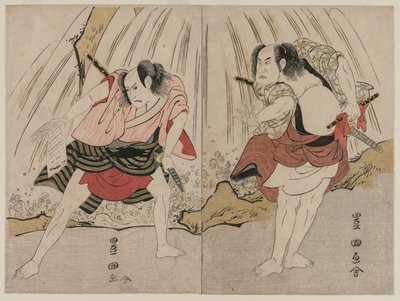 Kataoka Nizaemon VII ja Ichikawa Yaozo III kohtaavat vesiputouksen äärellä tekijältä Utagawa Toyokuni