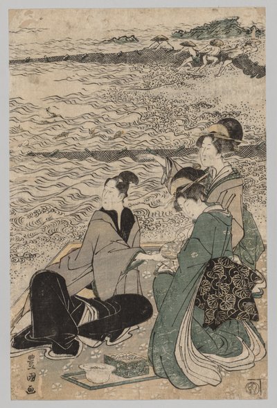 Mies ja kaksi naista meren rannalla, 1769-1825. tekijältä Utagawa Toyokuni
