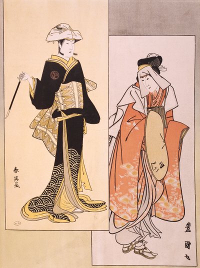 Näyttelijöiden muotokuvia lavalla, noin 1794-1796, Shun-Yein (1700-luvun loppu) ja Utagawa Toyokunin (1769-1825) ukiyo-e, puupiirrosten jäljennös, japanilainen sivilisaatio, Edo-kausi (1603-1868) tekijältä Utagawa Toyokuni