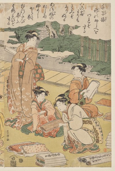 Naiset valmistavat vaatteita tekijältä Utagawa Toyokuni