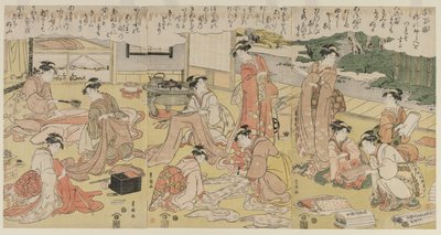 Naiset valmistavat vaatteita, 1790-luvun alku. tekijältä Utagawa Toyokuni