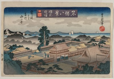 Kahdeksan näkymää kuuluisiin paikkoihin: Iltakello Kamakurassa: Vuoret Awan maakunnassa..., alkuvuodesta 1830 tekijältä Utagawa Toyokuni II