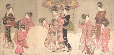 Kurtisaanit ja palvelijat tekevät jättiläislumipalloa, n. 1796. tekijältä Utagawa Toyokuni I