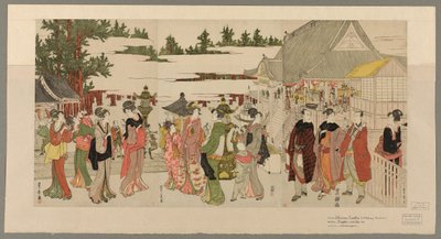 Uudenvuoden pyhiinvaellus Myohoji-temppeliin Horinouchissa (Horinouchi Myohoji eho mairi no zu) tekijältä Utagawa Toyokuni I