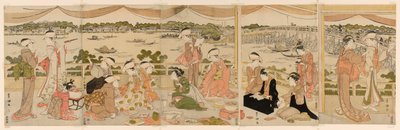 Konsertti verannalla, josta on näkymät Sumida-joelle tekijältä Utagawa Toyokuni I