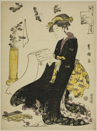 Yhdeksäs kuukausi (Ku gatsu), sarjasta "Fashionable Twelve Months (Furyu junikagetsu)" tekijältä Utagawa Toyokuni I
