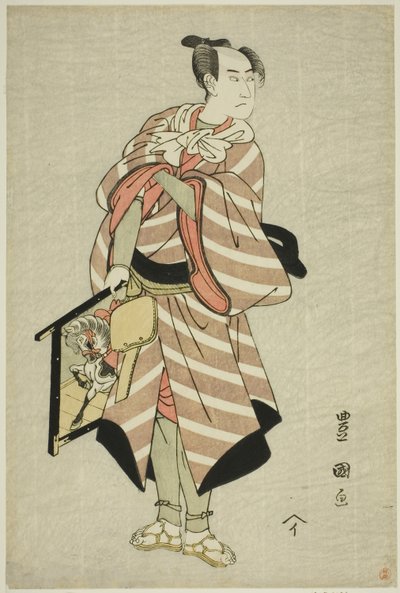 Näyttelijä Sawamura Sojuro III paimenhevosmies Muchizon roolissa näytelmässä "Miyamairi Musubi no Kamigaki", joka esitettiin Kiri-teatterissa 11. kuussa 1797. tekijältä Utagawa Toyokuni I