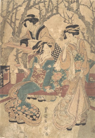 Kolme naista ruokailemassa puuryhmän edessä. tekijältä Utagawa Toyokuni I
