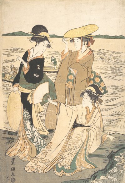 Kolme nuorta naista meren rannalla. tekijältä Utagawa Toyokuni I