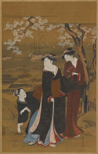Kolme naista kukkivan kirsikkapuun alla merenrannalla, 1769-1825. tekijältä Utagawa Toyokuni I