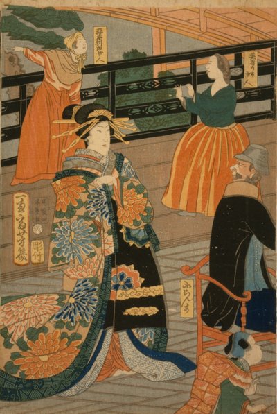 Vieraita useista maista nauttimassa juhlista Gankirin fanihuoneessa?, 1860 tekijältä Utagawa Yoshiiku