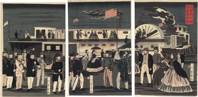 Amerikkalaisen höyrylaivan (Amerikakoku jokisha orai) saapuminen ja lähtö tekijältä Utagawa Yoshikazu