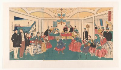 Ulkomaalaiset pitävät hauskaa juhlissa Ikokujin shuen yuraku no zu (otsikko esineessä) tekijältä Utagawa Yoshikazu