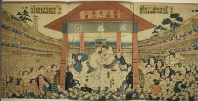 Painijoiden kulkue varainkeruuottelua varten (Kanjin ozumo dohyo-iri no zu) tekijältä Utagawa Yoshimune