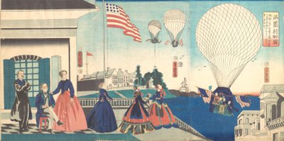 ”Amerikka”: Kuumailmapallojen nauttiminen, 1867. tekijältä Utagawa Yoshitora