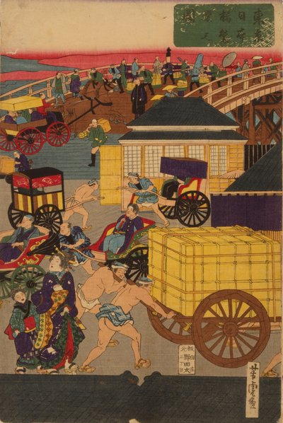 F ぉ Myydään uusi g Nihonbashi setti c Maan lämpötila f ja pysyy. Toi Nihonbashi versio Englanninkielinen figuuri T teoria ptych tekijältä Utagawa Yoshitora