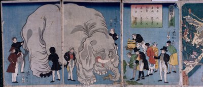 Ulkomaalaiset elefantin kanssa (värillinen puupalikkaprintti) tekijältä Utagawa Yoshitora