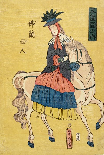 Ranskalainen nainen hevosen selässä tekijältä Utagawa Yoshitora