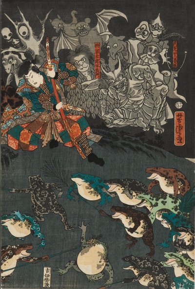Nikushi the Frog Spirit loihtii taianomaisen sammakkotaistelun Tateyamassa Etchun maakunnassa, 1864 tekijältä Utagawa Yoshitora