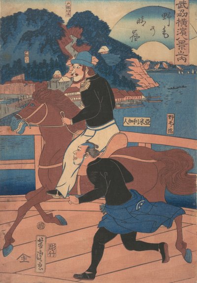 Returning Sails at Nogei [amerikkalainen pariskunta ratsastaa Nogein sillan yli], 1. kuukausi, 1861. tekijältä Utagawa Yoshitora