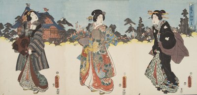 Kohtaus Murasaki Shibukun (s. 978) elokuvasta Genji monogatari (Tale of Genji) c. 1860 (värillinen puupainatus) tekijältä Utagawa and Toyokuni Kuniyoshi