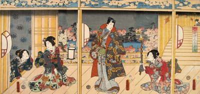 Kohtaus Murasaki Shibukun (s. 978) elokuvasta Genji monogatari (Tale of Genji) c. 1860 (värillinen puupainatus) tekijältä Utagawa and Toyokuni Kuniyoshi