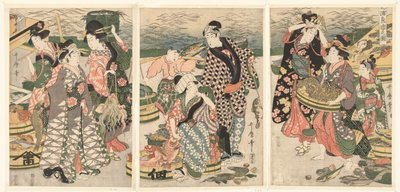 Näkymä kalamarkkinoille Shiban rannalla [Shiba] no ura uoichi no zu (otsikko esineessä) tekijältä Utamaro (II) , Kitagawa