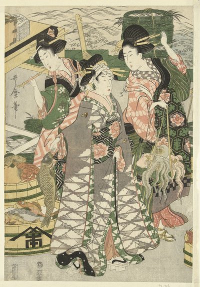 Näkymä kalamarkkinoille Shiban rannalla [Shiba] no ura uoichi no zu tekijältä Utamaro (II) , Kitagawa