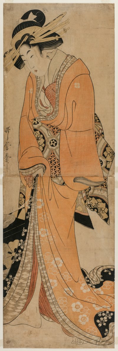Geisha seisoo Shamisen-laukun vieressä, c. 1810. tekijältä Utamaro II