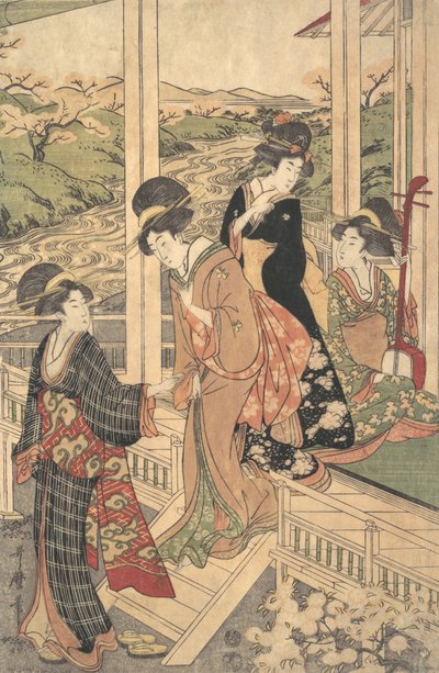 Naisten ryhmä maalaistalon Engawassa, kirsikankukinnan aikaan..., n. 1806. tekijältä Utamaro II