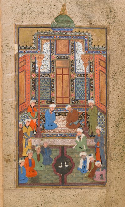 Palatsikohtaus Tuhfat al-Ahrarissa (lahja vapaalle) Bukhara, Uzbekistan, Uzbekistanin aika, n. 1540 (läpinäkymätön akvarelli, mustetta ja kultaa paperilla) tekijältä Uzbek School